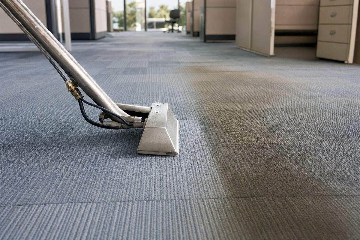 Hot-water extraction lifting soil out of commercial carpet tile