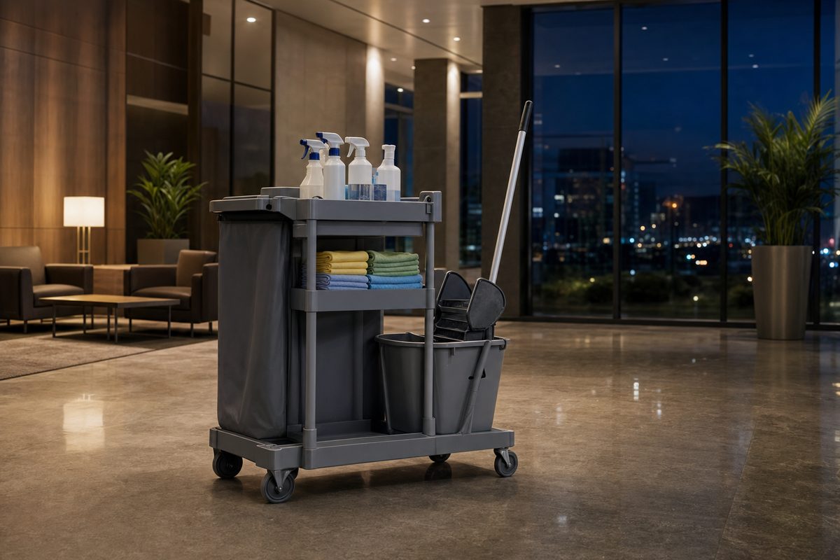 Janitorial cart in a commercial lobby during a nightly clean by Collegiate Clean in Brandon, FL
